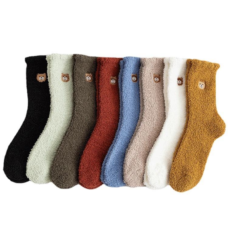 1pair Coral Fleece Sleeping Socks Home Socks Women's Mid-tube Autumn and Winter Embroidery Bear Cute Plus Velvet Thick Warm Long Tube