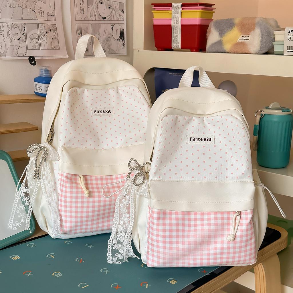 Schoolbagins Korean polka dot schoolbag female junior high school college student lightweight backpack lace decorative versatile campus backpack