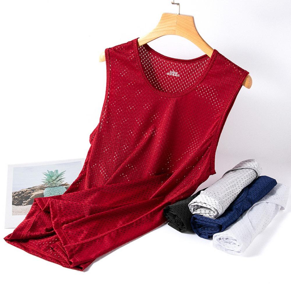 2026 Men Tank Tops Mesh Hollow Out Solid O-Neck Sleeveless Streetwear Male Vests Transparent Summer Fashion Men Clothing