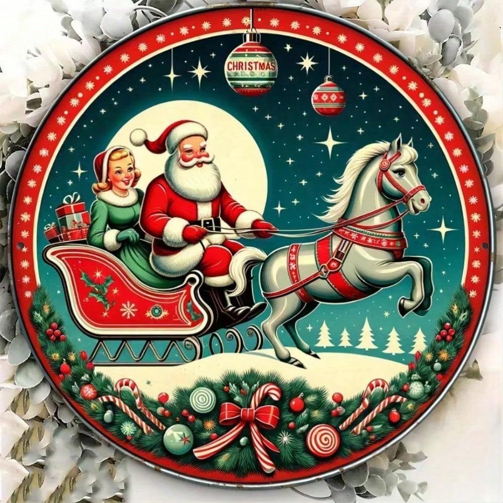 Vintage Christmas Tin Sign Santa Sleigh Metal Wall Art Home Decor