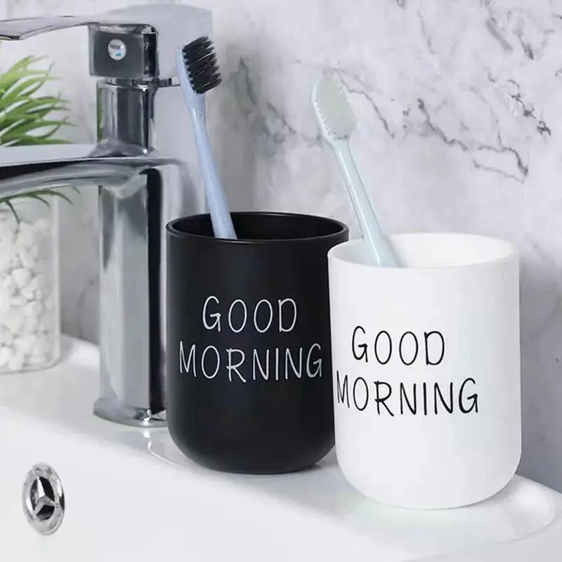 1pc Slogan Graphic Mouthwash Cup, Simple Couple Toothbrush Cup, Plastic Gargle Cup, Bathroom Tumbler, Bathroom Accesso