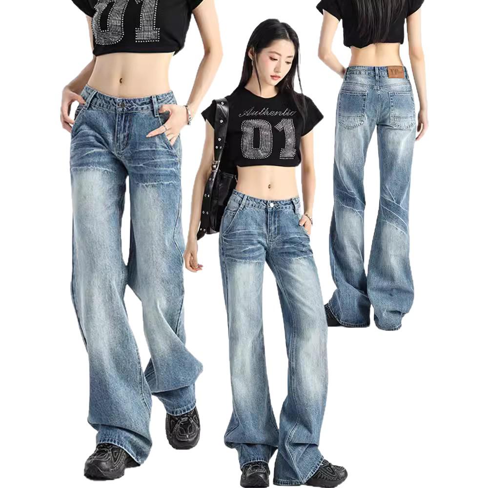 Blugi retro evazați cu talie joasă pentru femei - Colecția Primăvară/Toamnă 2025, Croială versatilă lejeră, Picior drept, Lungime până la podea.