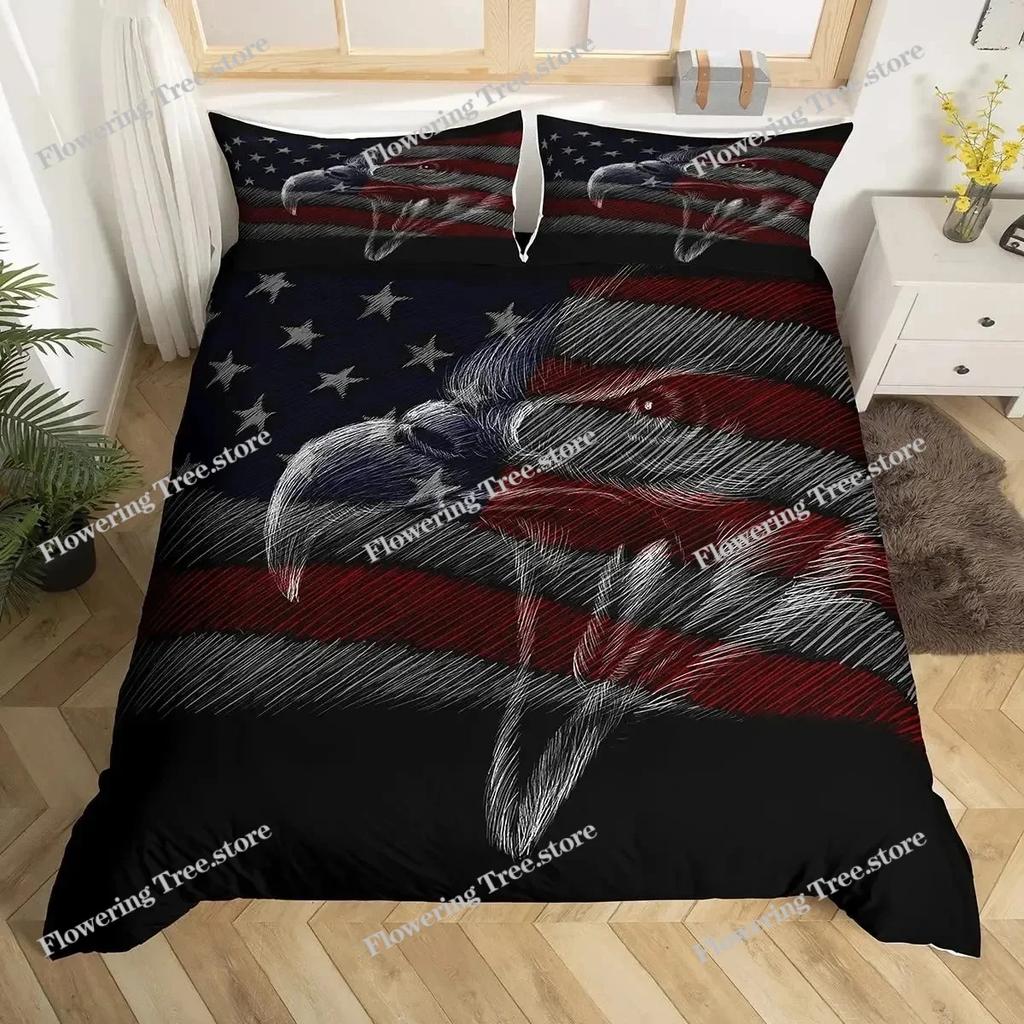 Africa Duvet Cover Set, Aerial View of Bald Eagle Flying USA, Decorative Bedding Set , Full King Size