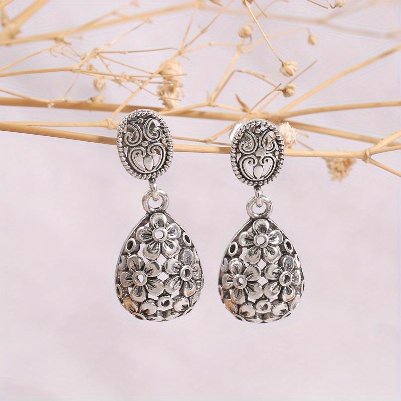 Silver Plated Floral Pattern Drop Earrings Metalwork Romantic Flower Sphere Dangle Earrings For Women Girls Lover Valentine'