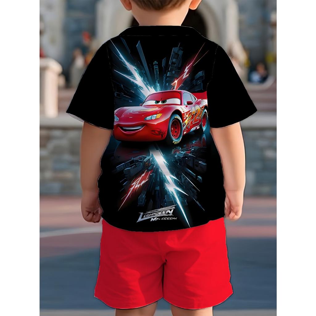 Boys' Casual Short Sleeve Shorts Set Loose Cartoon Pattern, Vibrant Print Machine Washable Summer Youth