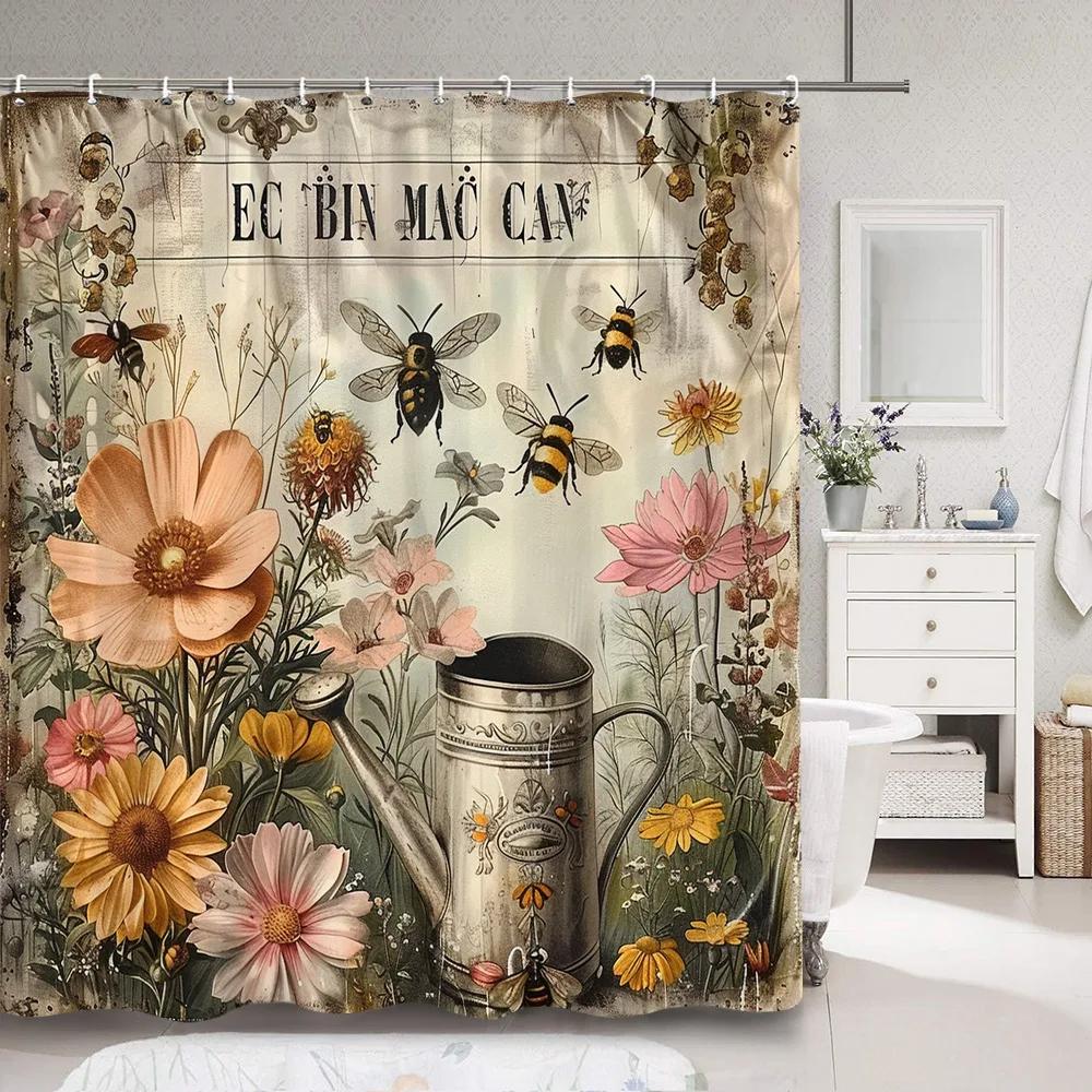 Vintage Floral Shower Curtain Rustic Country Farm Botanical Flower Bee Polyester Fabric Shower Curtain Bathroom Decor With Hooks