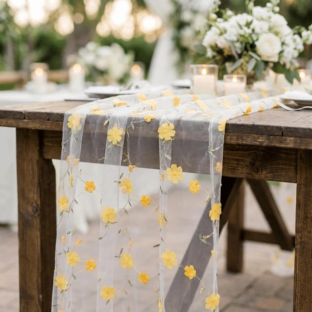 Semi-Transparent Tulle Table Runner 3D Embroidery Gauze Table Flag Kitchen Dining