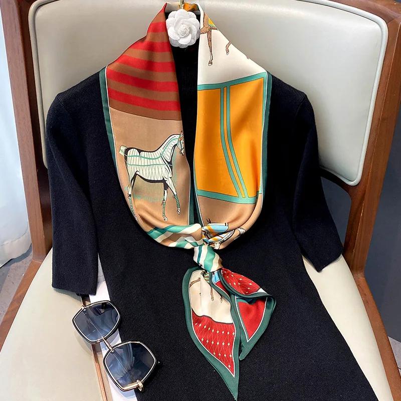Long Silk Scarf Bag Tie Lady Neck Skinny Scarves Hairband Foulard Horse Print Brand Lady Neckerchief Ribbon  Spring New