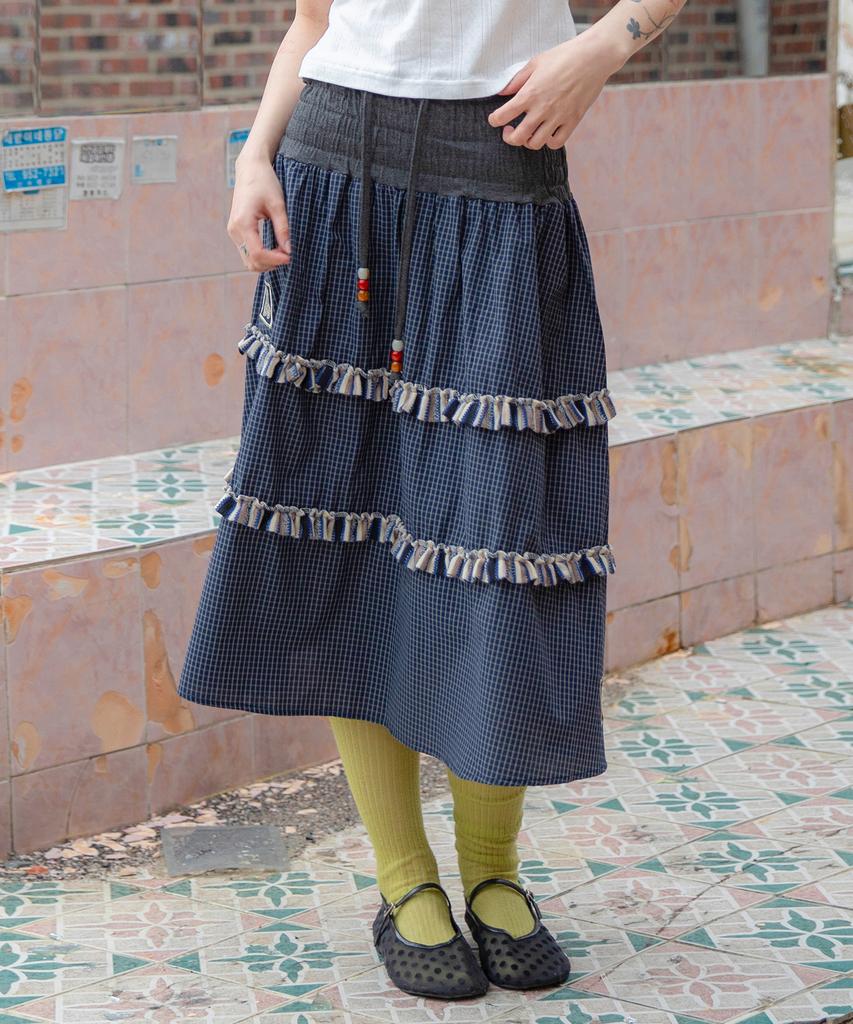 Lunakihu Wxsk019 Yurarimori Check Smoked Banding Skirt (Navy)