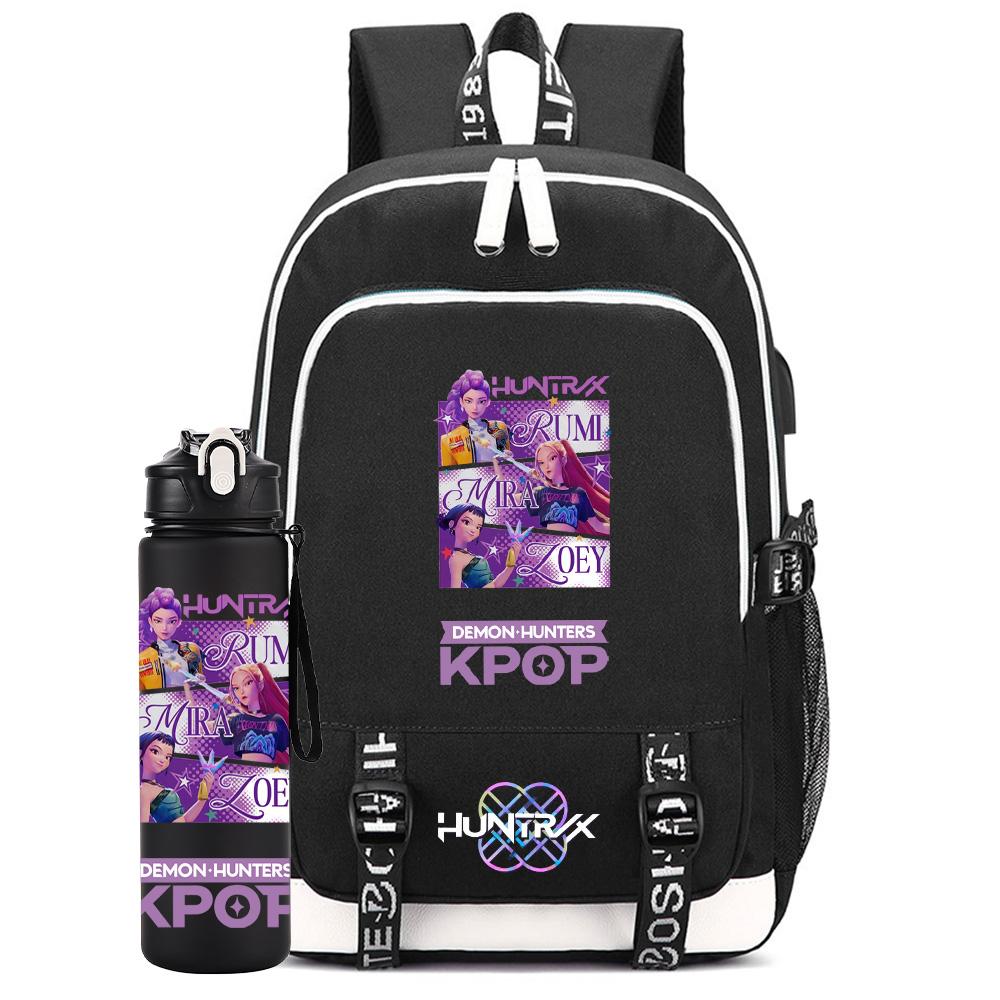 2Pcs/set Anime K-Pop Printed Backpack with 750Ml Water Bottler for Teenager Student Girl Boy Bookbag Kid Gift Large Capacity Travel Bag Rucksak