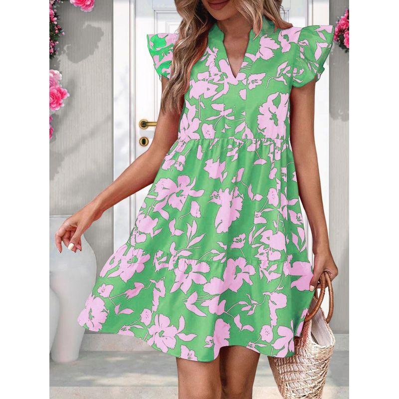 

Fashion Style Summer New Arrival Short Refreshing Stylish V Neck Print Flying Sleeves Dress Short Skirt Dress Green S