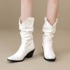 White Black Women Mid Calf Boots High Block Heel Big Size 46