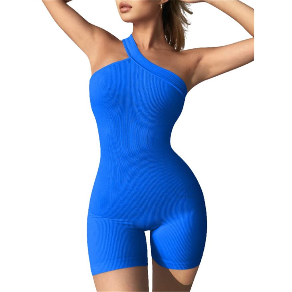 Women's Yoga Rompers Ribbed Spaghetti Strap Exercise Romper One Shoulder Sleeveless One Piece Jumpsuit Fitness Jumpsuits