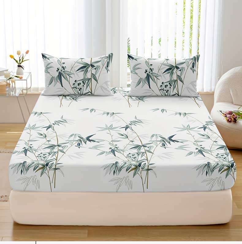 3pcs Bamboo Leaf Print Fitted Sheet Set - Soft Breathable Comfortable Hypoallergenic Bedding for Bedroom Guest Room - 1 Fitt