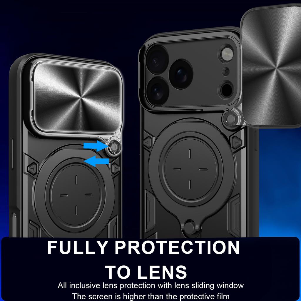 For iPhone 17 Pro Case TPU + PC Phone Cover with Kickstand , Slide Lens Window