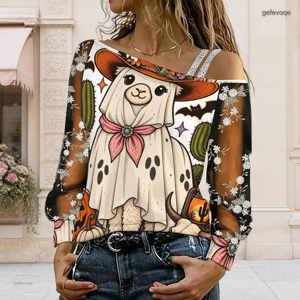 Women Plus Size Asymmetric Cold Shoulder Long Sleeve T Shirt Abstract Printed Sheer Floral Embroidered Sleeve