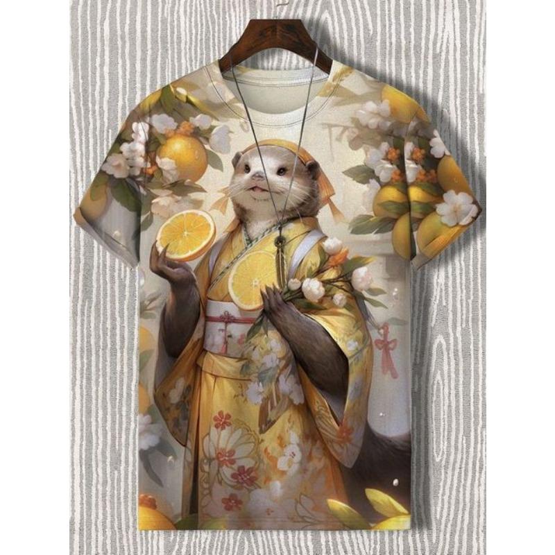 Herren T-Shirt im japanischen Stil mit Samurai-Katze-Grafik und 3D-Druck, lässiges kurzärmliges T-Shirt für den Außenbereich, übergroße Herrenbekleidung