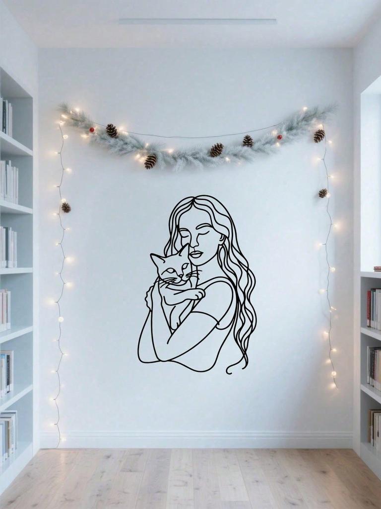 1PC Cat Lover Line Art Metal Wall Decor - Whimsical Lady & Feline Silhouette, Laser Cut for Home, Office, Gift