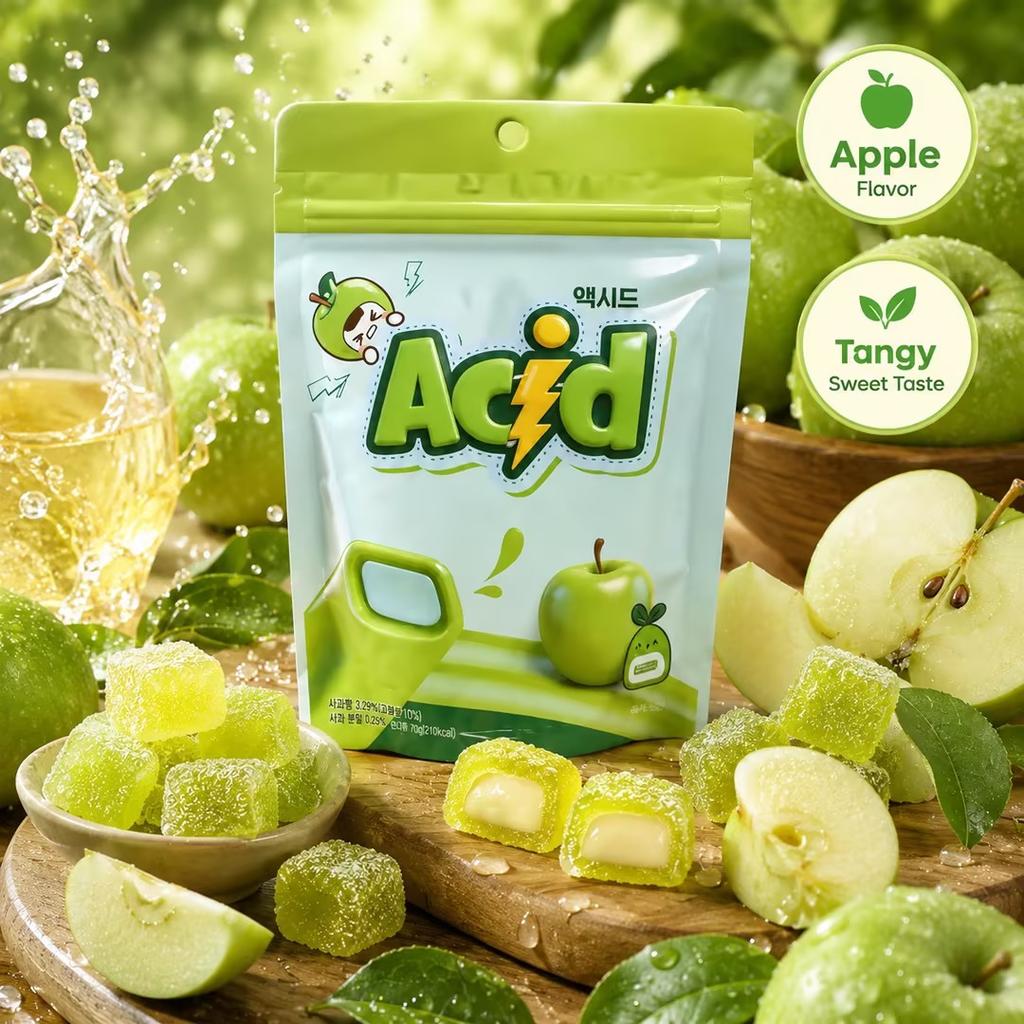 YEM Żelki Kostki Jabłkowe z Nadzieniem 70g | Świeży słodki smak jabłka, miękka sprężysta tekstura, owocowe nadzienie w środku