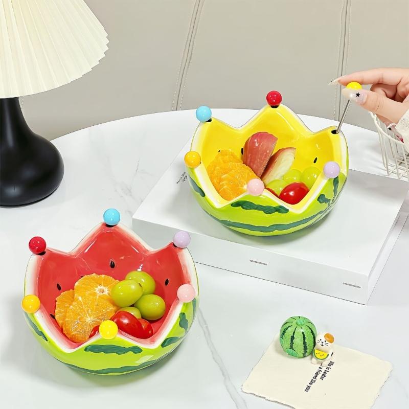 Ceramic Watermelon Snacks Platter Includes 6 Stainless Steel Fruit Forks Tableware For Family Gatherings Barbecues