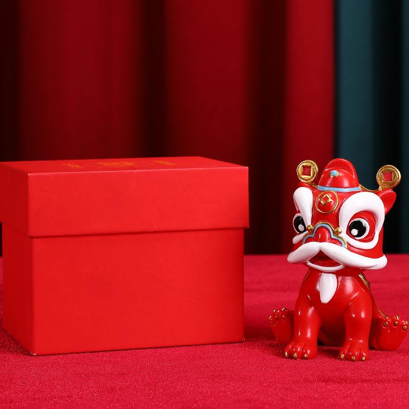 Chinese Lion Dance Mascot Ornament Traditional Dancing Lion Figurine Resin Decoration Figure with Gift Box