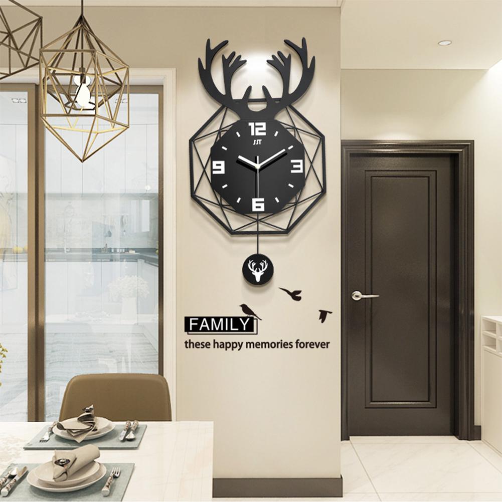 Nordic Style Deer Head Wall Clock Silent Movement Wood Wrought Iron Double layer Design For Household Living Room Decoration
