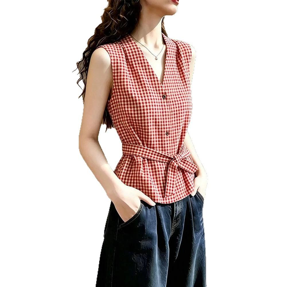 French retro red plaid sleeveless shirt women's summer new V-neck lace-up waist short-sleeved top A