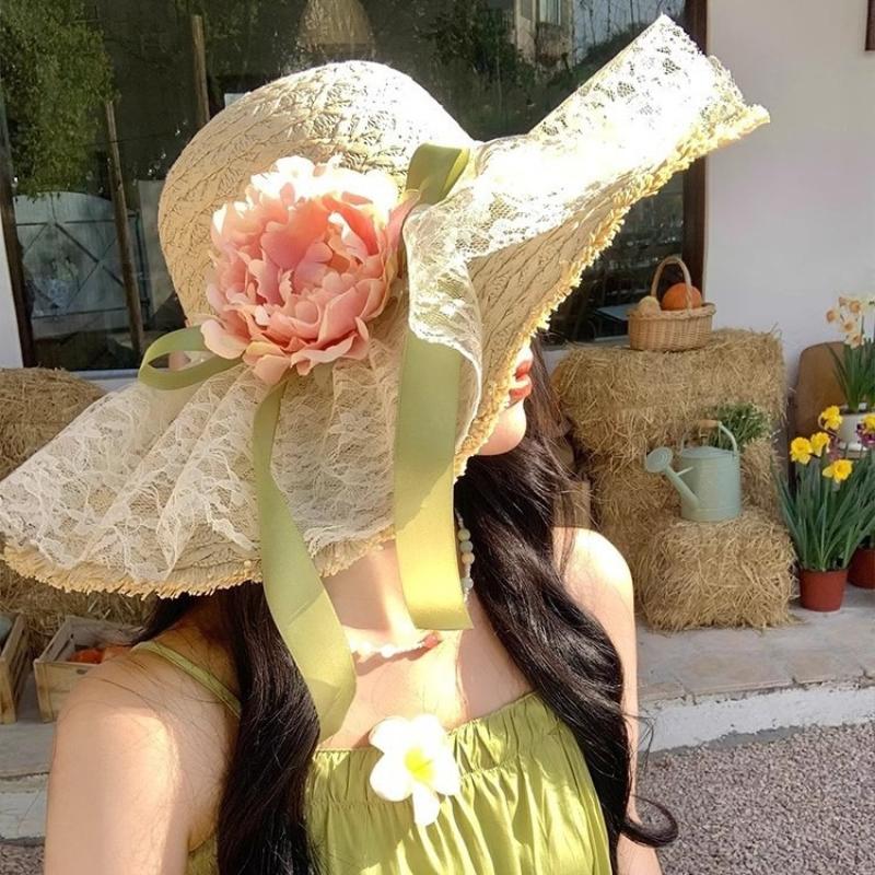 

1pc Sweet Flower Bow Lace Straw Hat for Women,summer Sun Beach Vacation Style,big Brim,sunshade Sun Protection Hat for Tralve Adjustable
