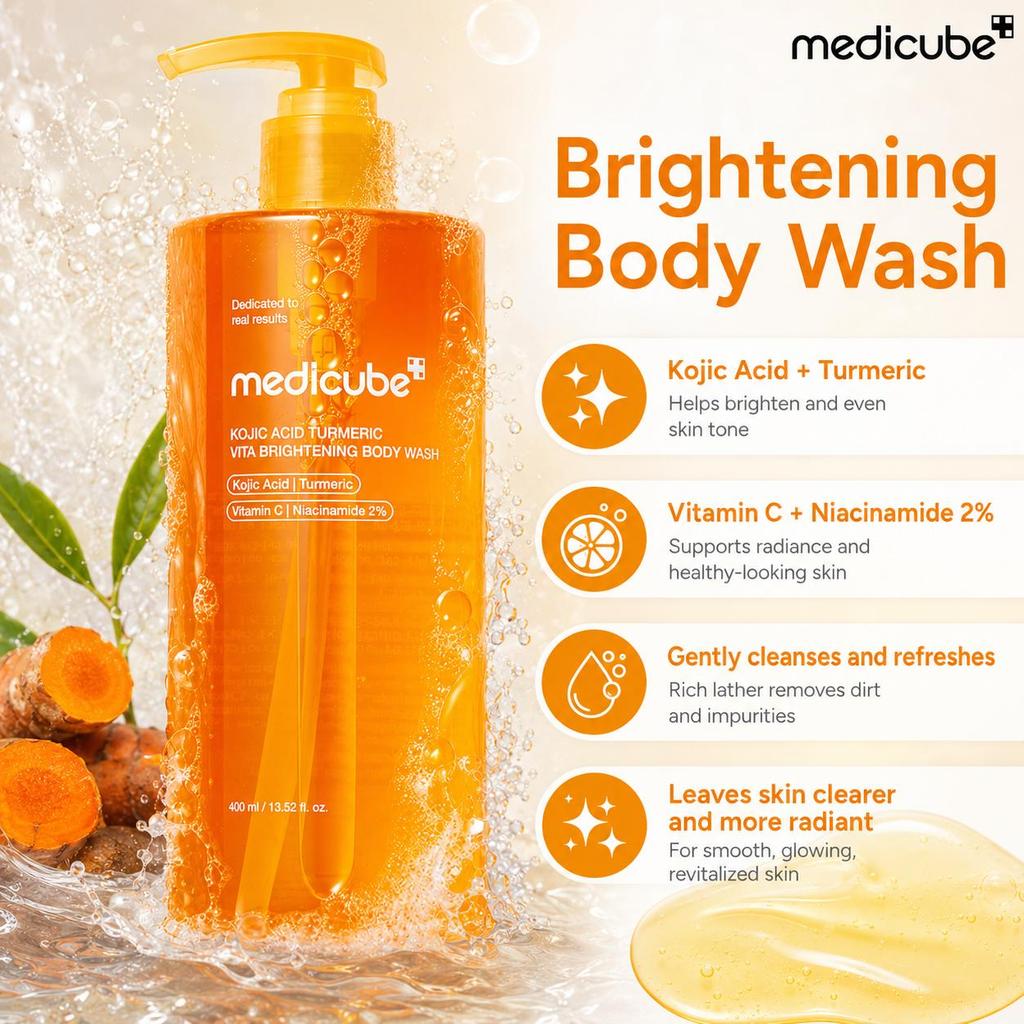 Medicube Kojic Acid Turmeric Vita Body Wash, Niacinamide Brightening & Dark Spot Care Body Cleanser, 400ml