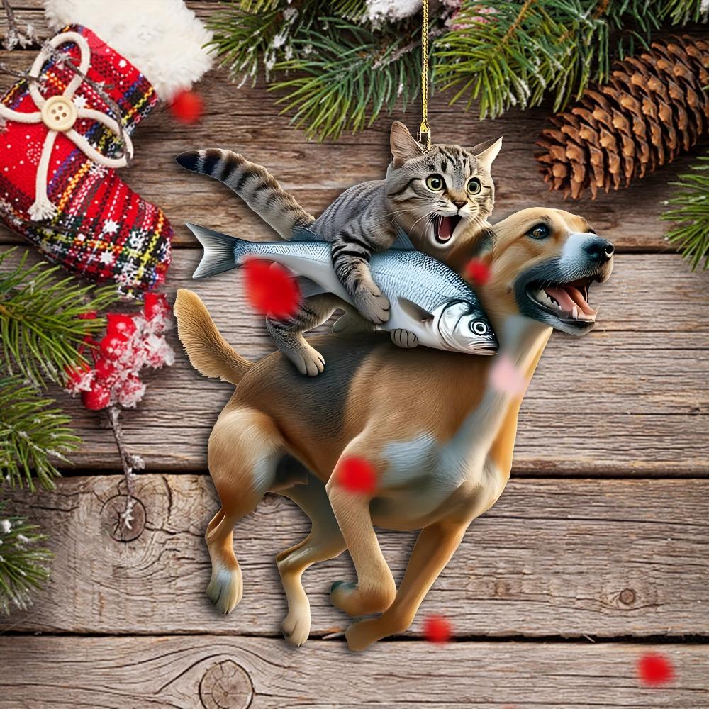Cat Riding Fish Dog Resin Pendant - 2D  Pendant for Car Backpack Keys - Charming Gift of Christmas Thanksgiving Valentine's Day Decorative Accessories