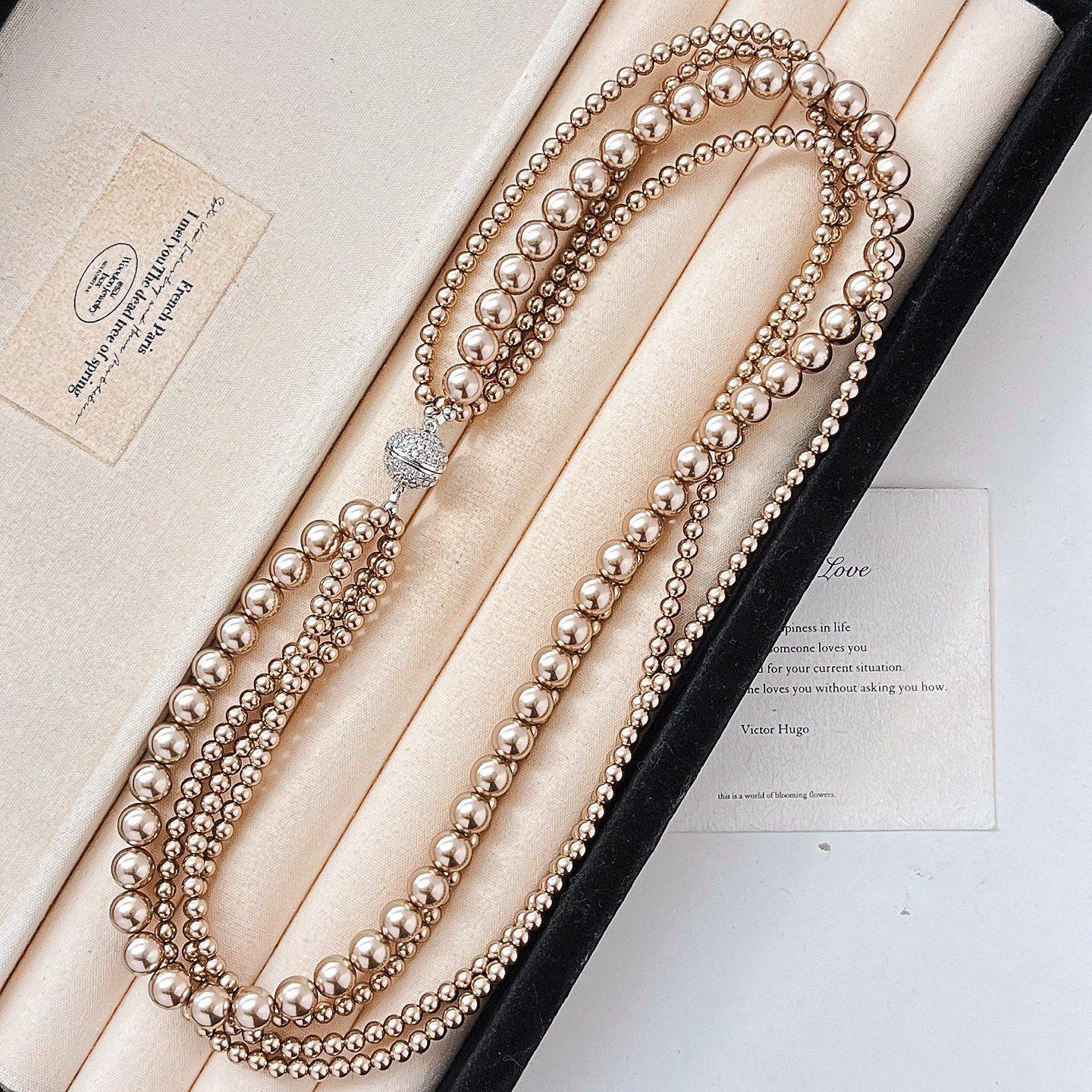 

Autumn And Winter Retro Maillard Brown Highlight Design Sense Shijia Artificial Crystal Pearl Multi-Layer Collarbone Chain Necklace
