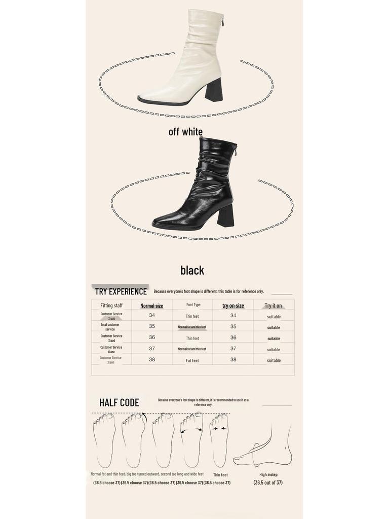 Pleated Retro French Ankle Boots with Velvet Lining, Mid-Calf Height, Back Zipper, and Slim Square Toe for Women.