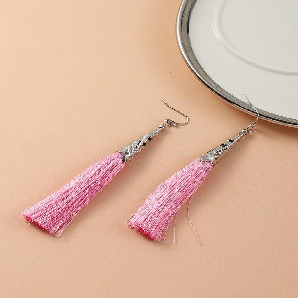 Ice Silk Tassel Earrings with Metal Cap - Korean Style Celebrity Dangle Hooks