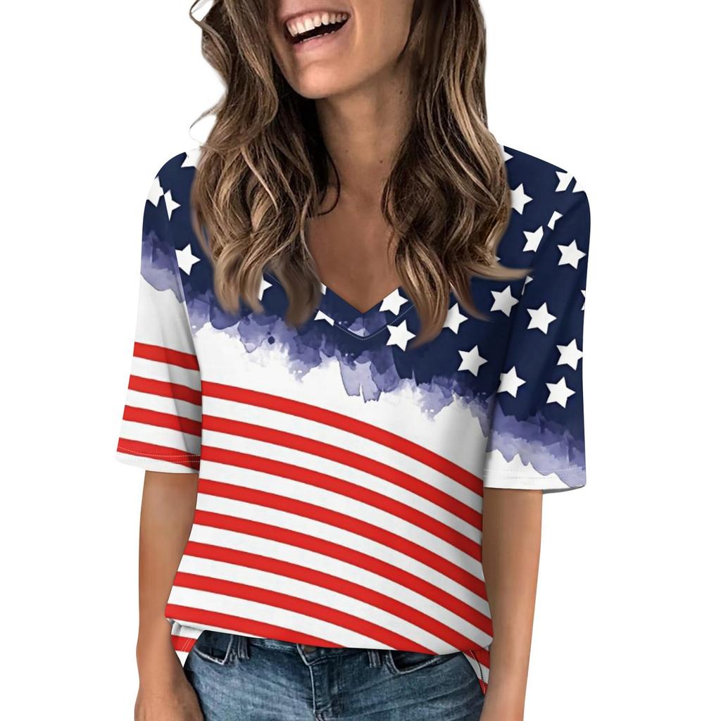 Women's V Neck T Shirts Half Sleeve Tops Printed Casual Summer Tees T Shirt Blouse