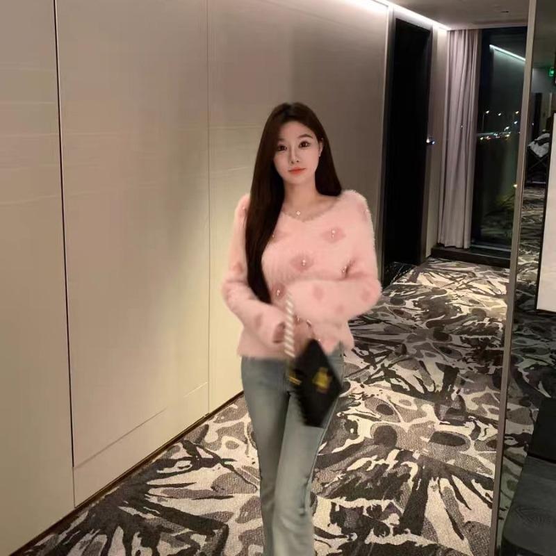 Autumn Winter Women Sweet V-neck Soft Furry Mohair Beading Knitted Sweater Christmas Short Pullover Tops