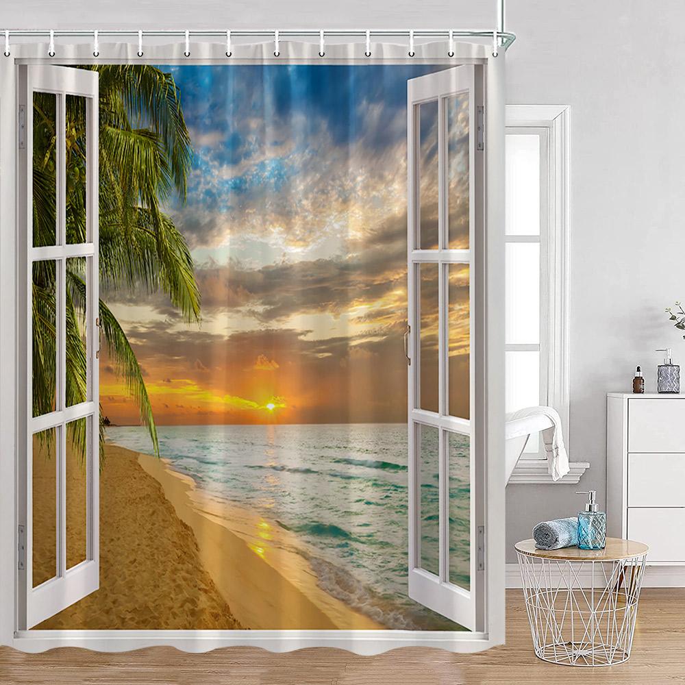 Coastal Shower Curtain Open Window View Of The Sky Clouds Rising Sun Seascape Grass Morning Scenery Bathroom Decor Set With Hook