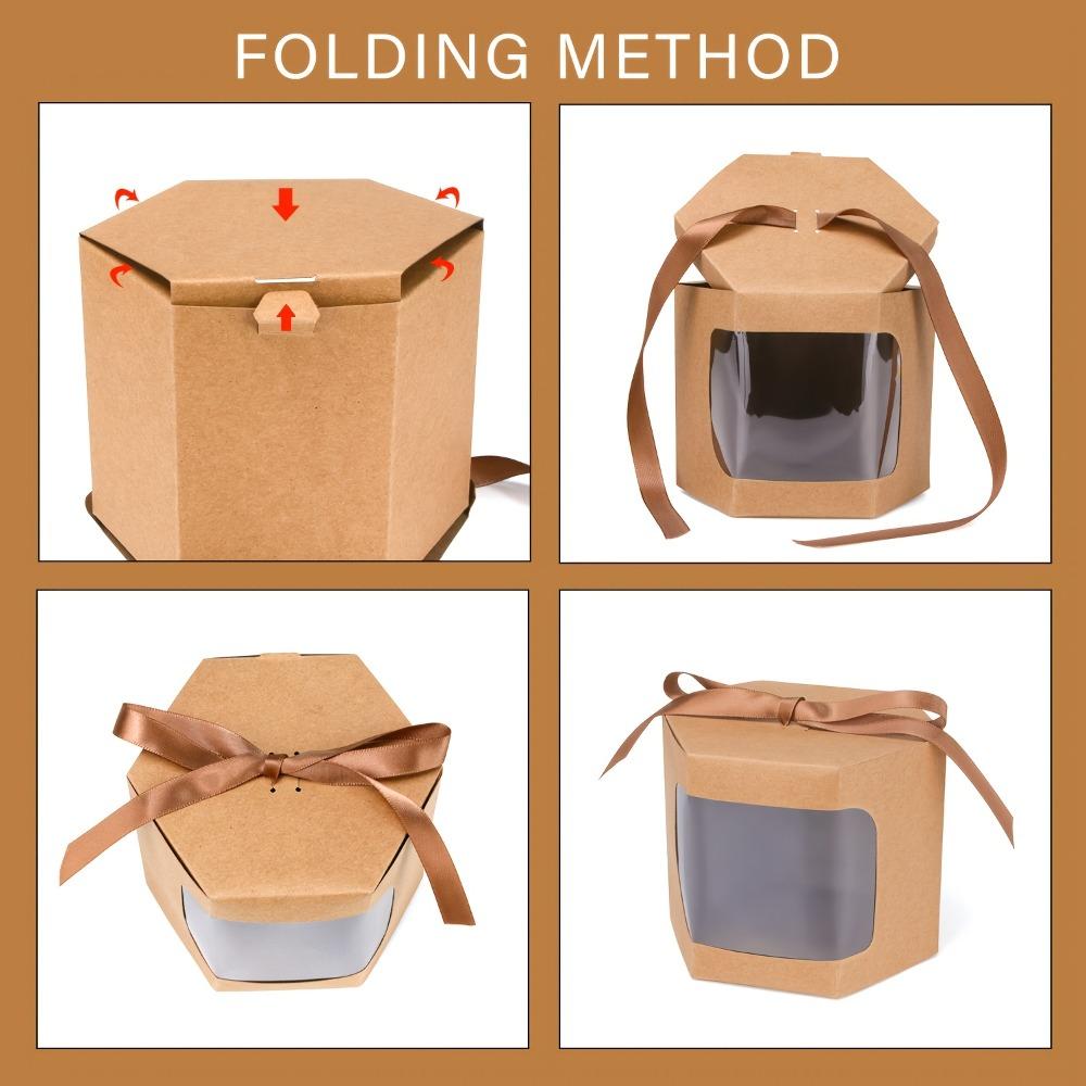 24pcs Hexagonal Party Gift Boxes with Ribbon 3 Size Kraft Paper Party Favor Boxes Folden Gift Wrap Box Display Box for Wedding Birthdays Packaging Box