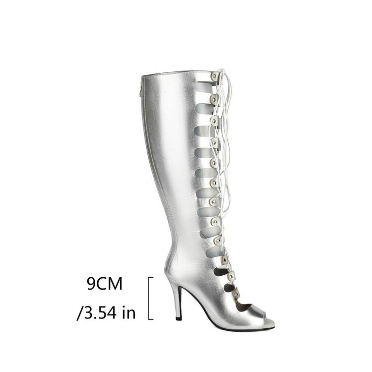 Fashion Cross Strap Rivet Belt Buckle Women's Cool Boots Summer Sexy Silvery Gold High Heel Sandals Dress Party Motorcycle Boots Size 48