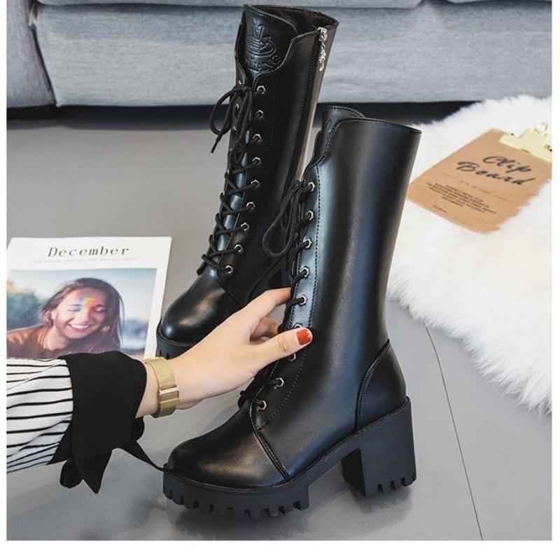 Зимові жіночі чоботи На товстому каблуці Чоботи на шнурівці Модне жіноче взуття на платформі Жіночі чоботи на високій блискавці Осіннє взуття до середини ікри