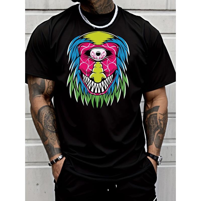 Men'S Casual Black T-Shirt Colorful One-Eyed Monster Graphic Street Style Fashion Adult Male Casual Wear