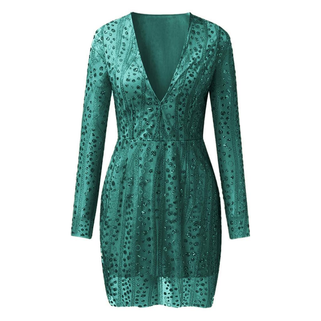 Women's Deep V Sheer Long-Sleeved Short Dress With Gold Floating