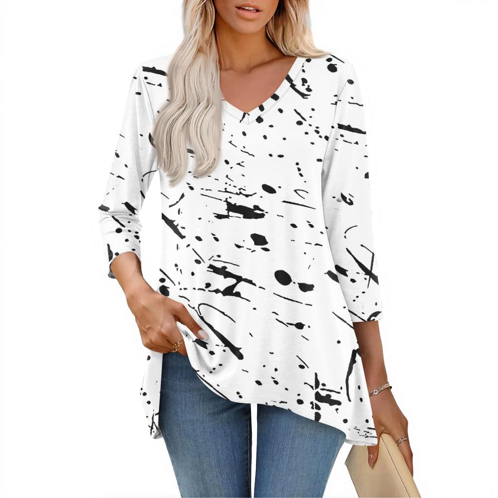 Damen Oberteile V-Ausschnitt 3/4 Ärmel Blusen Lässige Mittellange Hemden Mode Druck Tunika Oberteile