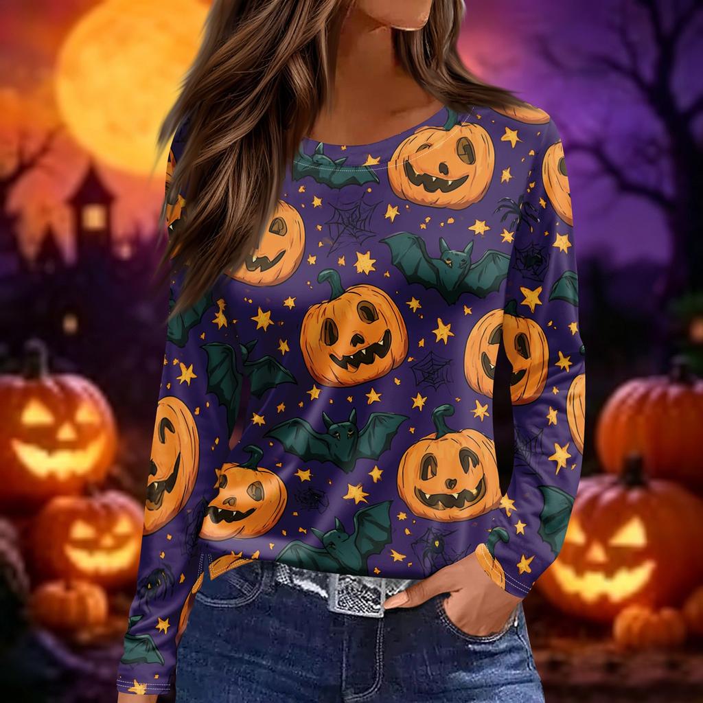 Women's Long Sleeve Round Neck Top with Halloween Print and Side Slit Hem for Casual Wear