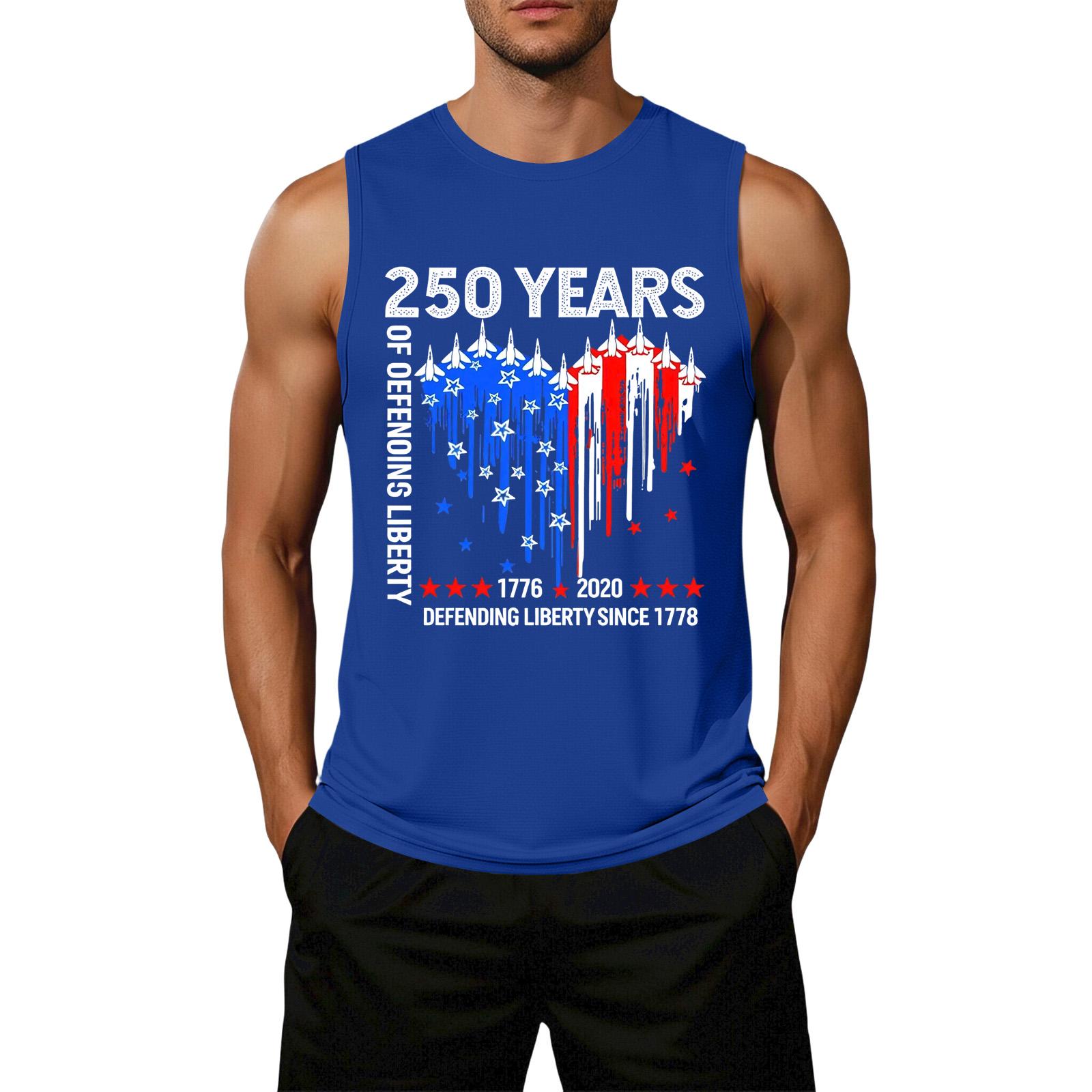 

Men’s Loose Fit Sleeveless Top with Flag Graphic and 250 Years Print Lightweight Casual Tank for Daily Wear XXXXXL синій