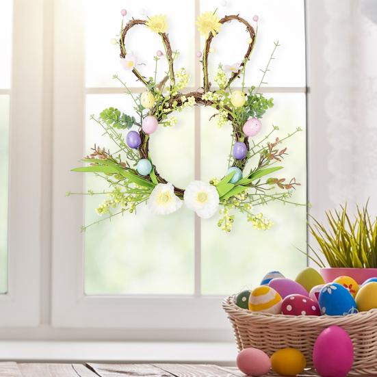 Osterhase Kranz Kleine Hasenform Rattan Kranz mit Pastell-Eiern Blumen für Haustür Innen Außen Frühling Haus Fenster Wand Dekoration