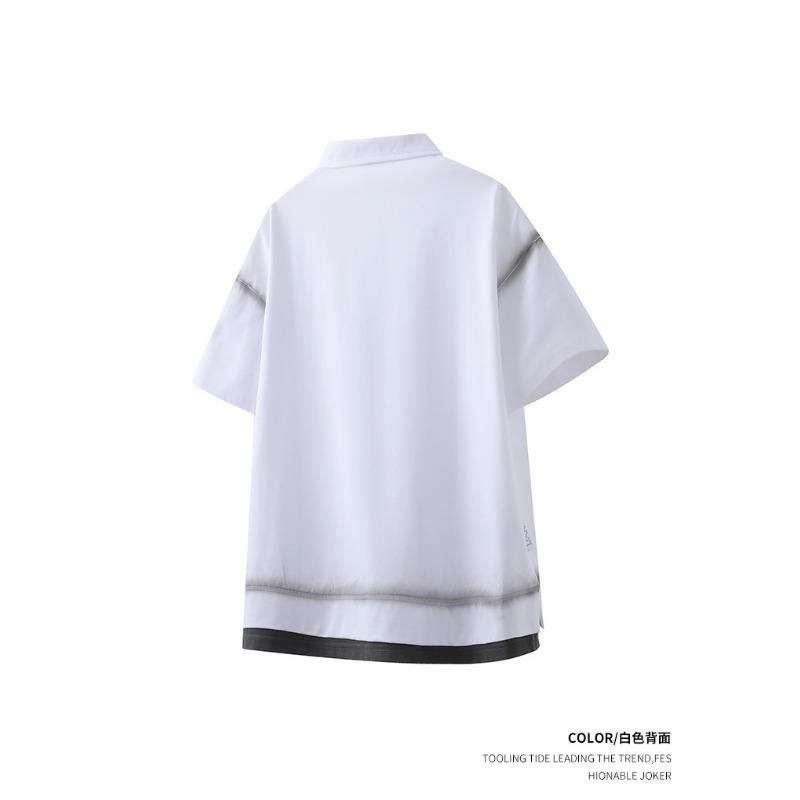 Men Turn Down Collar Short Sleeve Polo Shirt Gradient Washed Fake Two Piece Loose Casual Tops