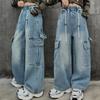 Spring Autumn Girls' Cargo Jeans for Girls Loose Casual Elastic Waist Teenage Children Wide Leg Pants Design Streetwear Kids Trousers