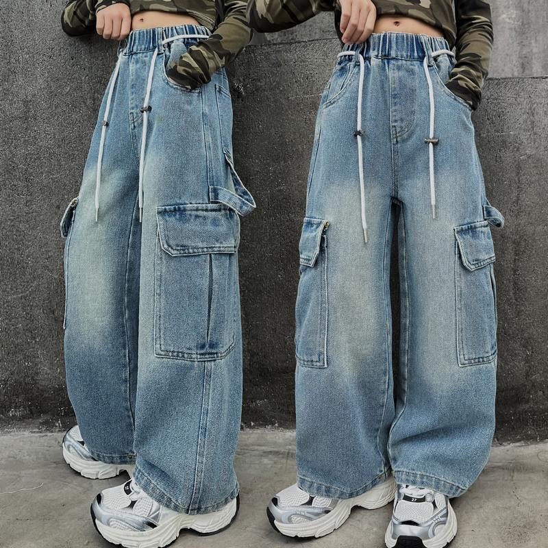Spring Autumn Girls' Cargo Jeans for Girls Loose Casual Elastic Waist Teenage Children Wide Leg Pants Design Streetwear Kids Trousers