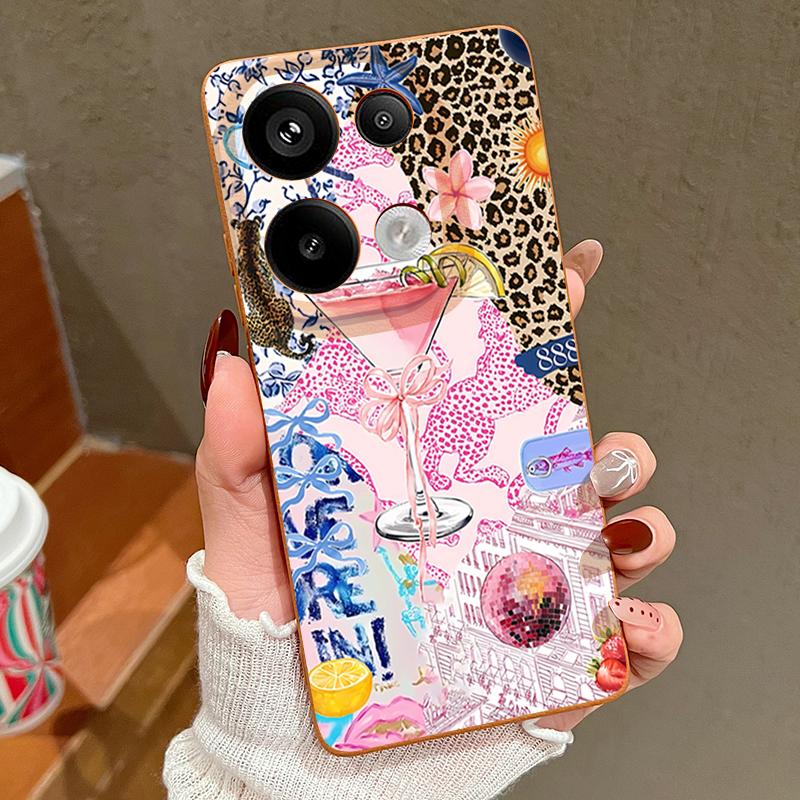 Pink Goblet Bowknots Disco Ball Pattern Case For Xiaomi Redmi Note 14 13 Pro 5G 4G 12 11 Funda Xiaomi 14T 13T 11T Pro Leather Texture Silicone Cover