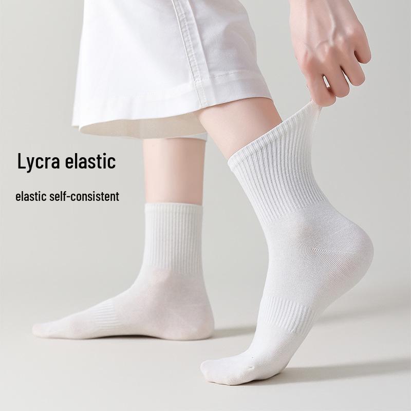 Zhuji Women's Summer Lightweight Pure Cotton Mid-Calf Socks, Anti-Odor, Sweat-Absorbent, White, 7A Class.